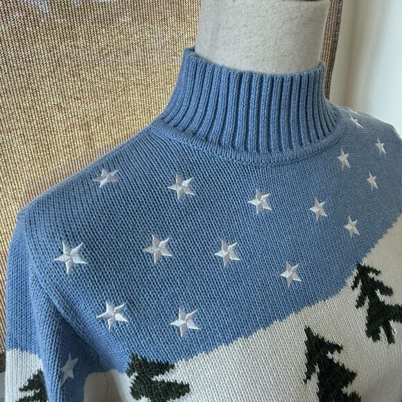 Appleseeds Christmas Sweater Womens Large Blue White Reindeer Embroidered Stars - Picture 6 of 7